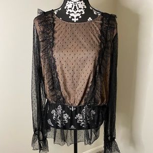 NWT Forever 21 Plus Size Long Sleeve Black Lace Peplum Top with Beige Lining, 3X